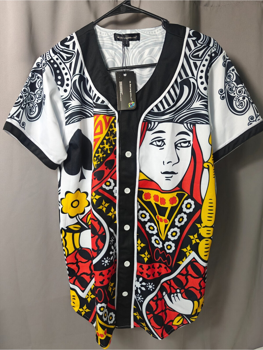 Mr. Bao Long & Miss GO Men’s Large Playing Card Graphic Button-Up Jersey NWT